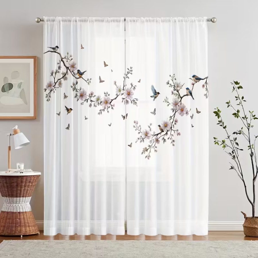 Bonsai Garden Decor - 2 Cortinas Transparentes con Estampado Digital,